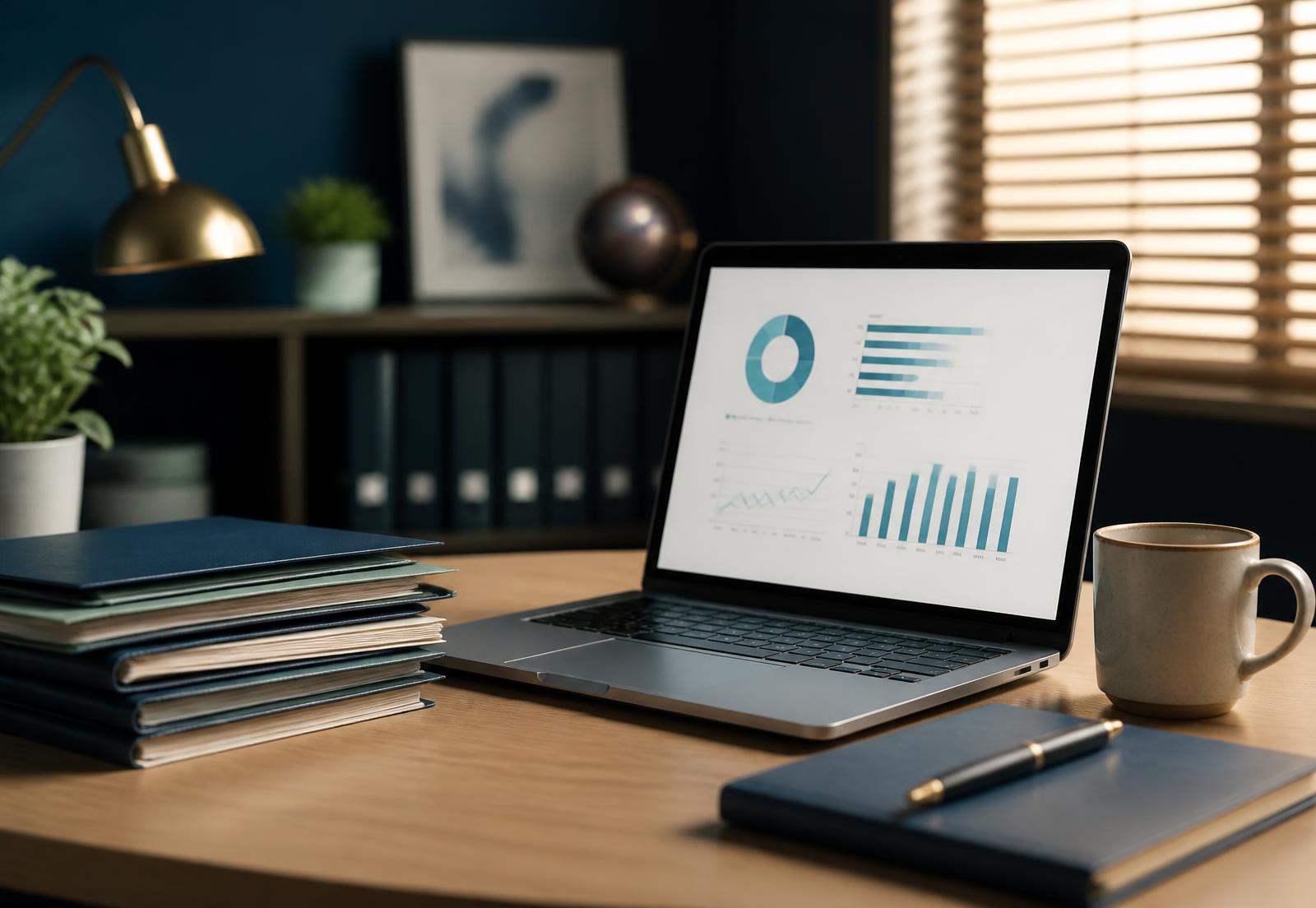 Laptop showing monthly financial reports on a tidy accounting desk